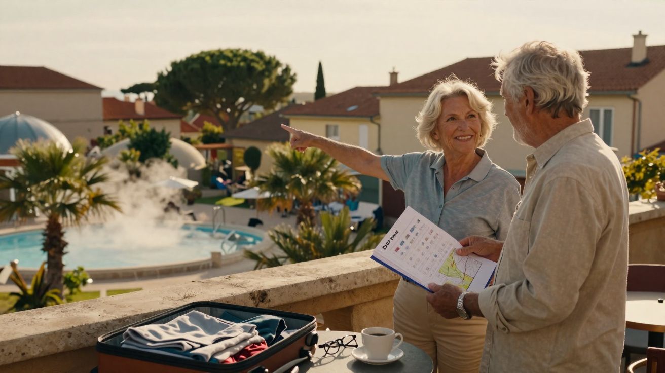 Casal sénior a planear viagem na varanda de hotel com piscina e palmeiras ao fundo.