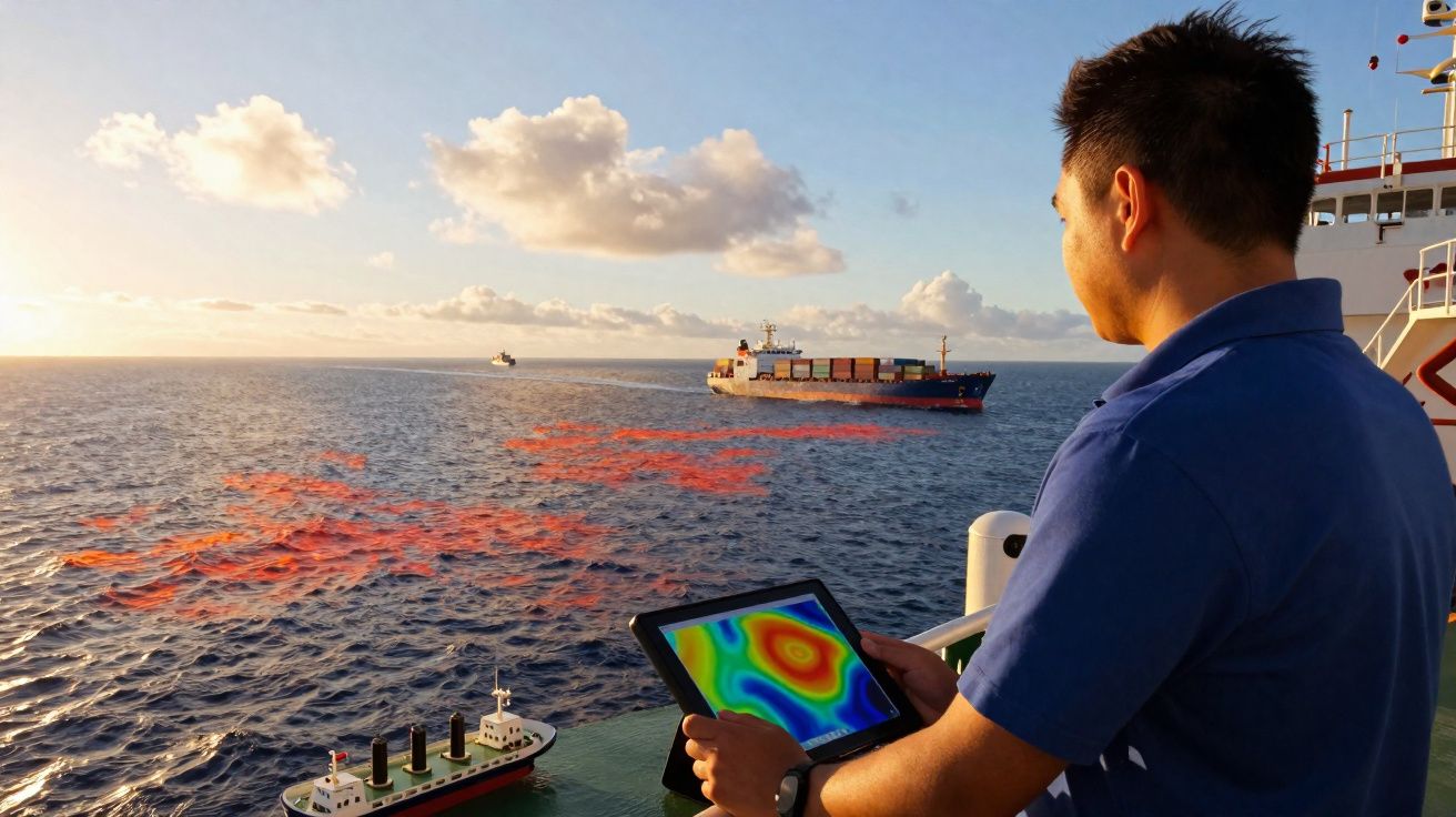 Homem a bordo de navio observa e analisa dados numa tablet com navios e mar ao pôr do sol ao fundo.