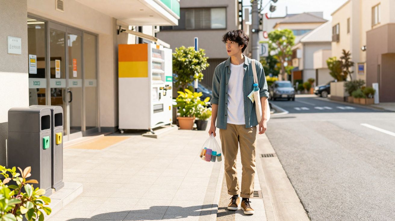 Homem jovem a pé na calçada de bairro residencial, segurando embalagens de bebidas e saco de compras.