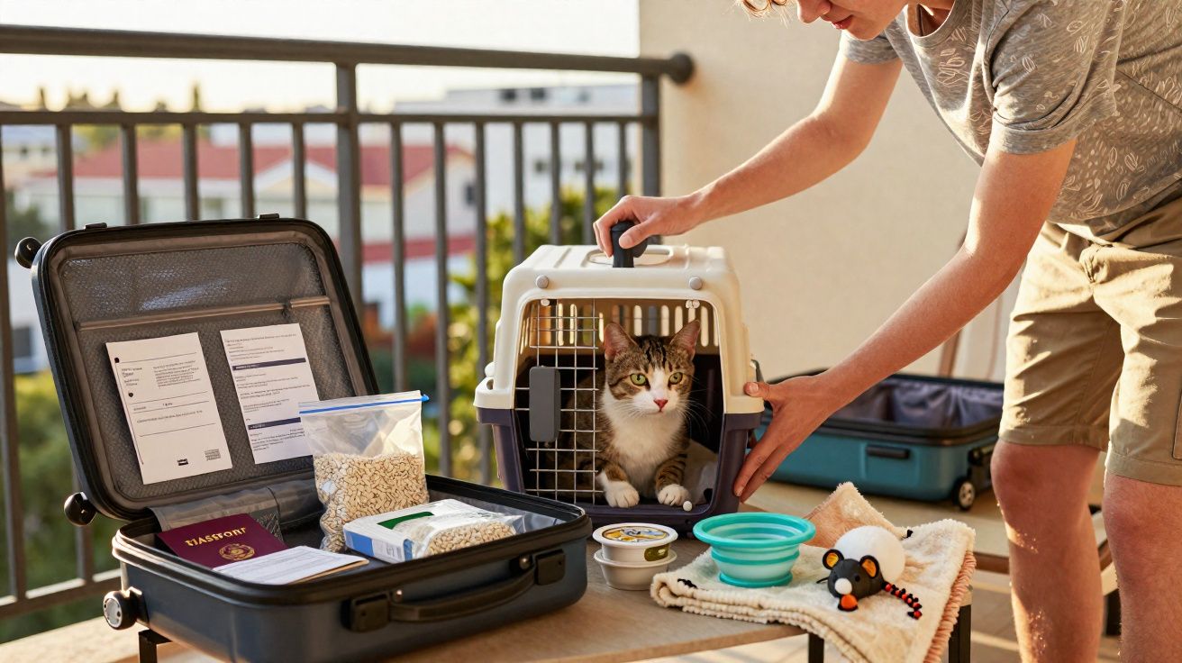 Pessoa a preparar transporte de gato numa varanda, com mala aberta contendo documentos e comida para viagem.