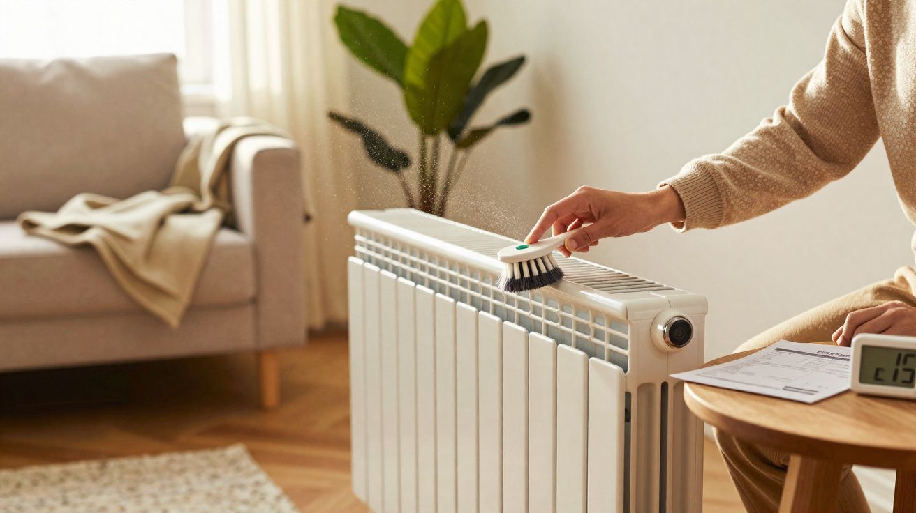 Pessoa a limpar um radiador branco com uma escova num ambiente doméstico acolhedor.