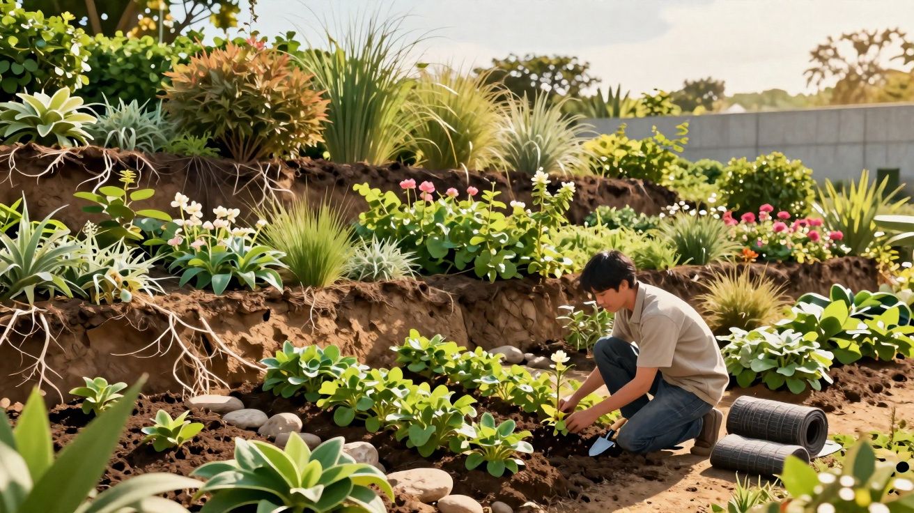 Pessoa a cuidar de plantas e flores num jardim com várias camadas terrosas e vegetação diversa.