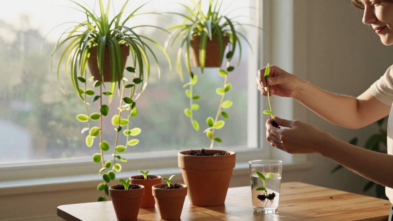 Pessoa a cuidar de plantas em vasos, com várias plantas penduradas junto a uma janela iluminada.