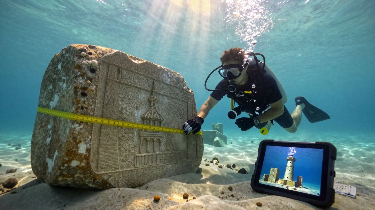 Mergulhador mede monumento subaquático com fita métrica enquanto tablet mostra imagem de farol.