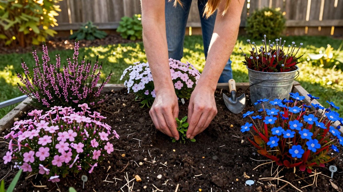 Pessoa a plantar uma muda num canteiro rodeado de flores coloridas num jardim soalheiro.