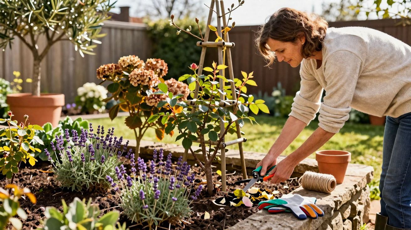 Mulher a cuidar de plantas e flores num canteiro elevado num jardim residencial ensolarado.