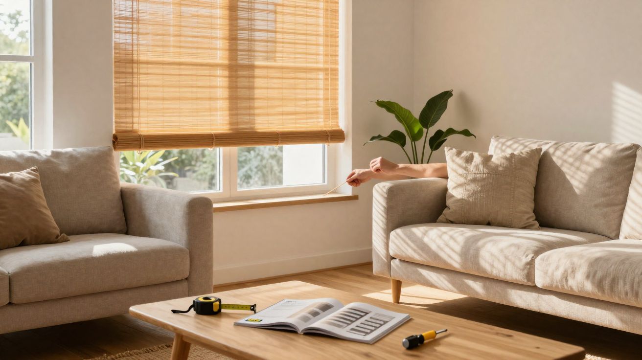 Sala de estar com sofá bege, mesa de madeira com livro, persiana de rolo e planta em vaso no canto.