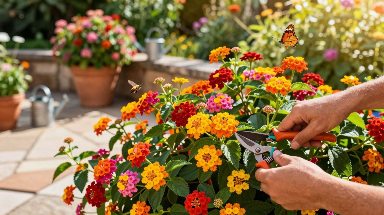 Mãos a podar flores coloridas num jardim ensolarado com abelha e borboleta a voar próximo.