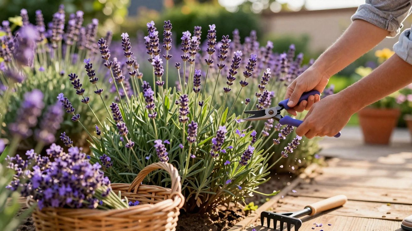 Pessoa a cortar flores de lavanda no jardim com uma tesoura de podar e cesto de vime ao lado.