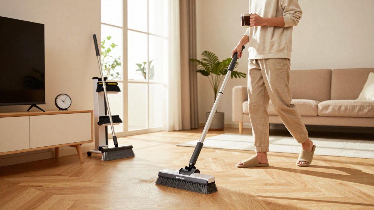 Pessoa a usar uma vassoura moderna para limpar o chão de madeira numa sala iluminada e arejada.