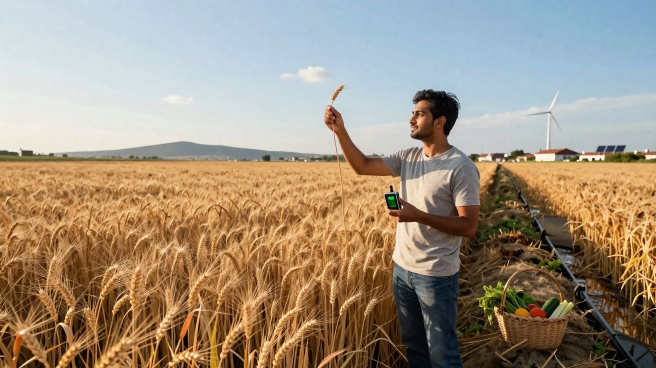 Homem numa plantação de trigo verifica a qualidade do cultivo com aparelho eletrônico ao pôr do sol.