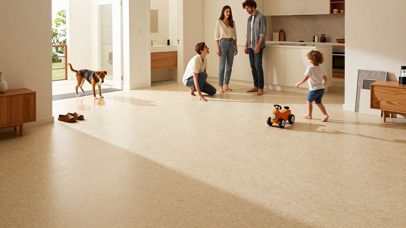 Família de quatro pessoas e cão num espaço interior claro com chão de tom areia e brinquedo laranja.