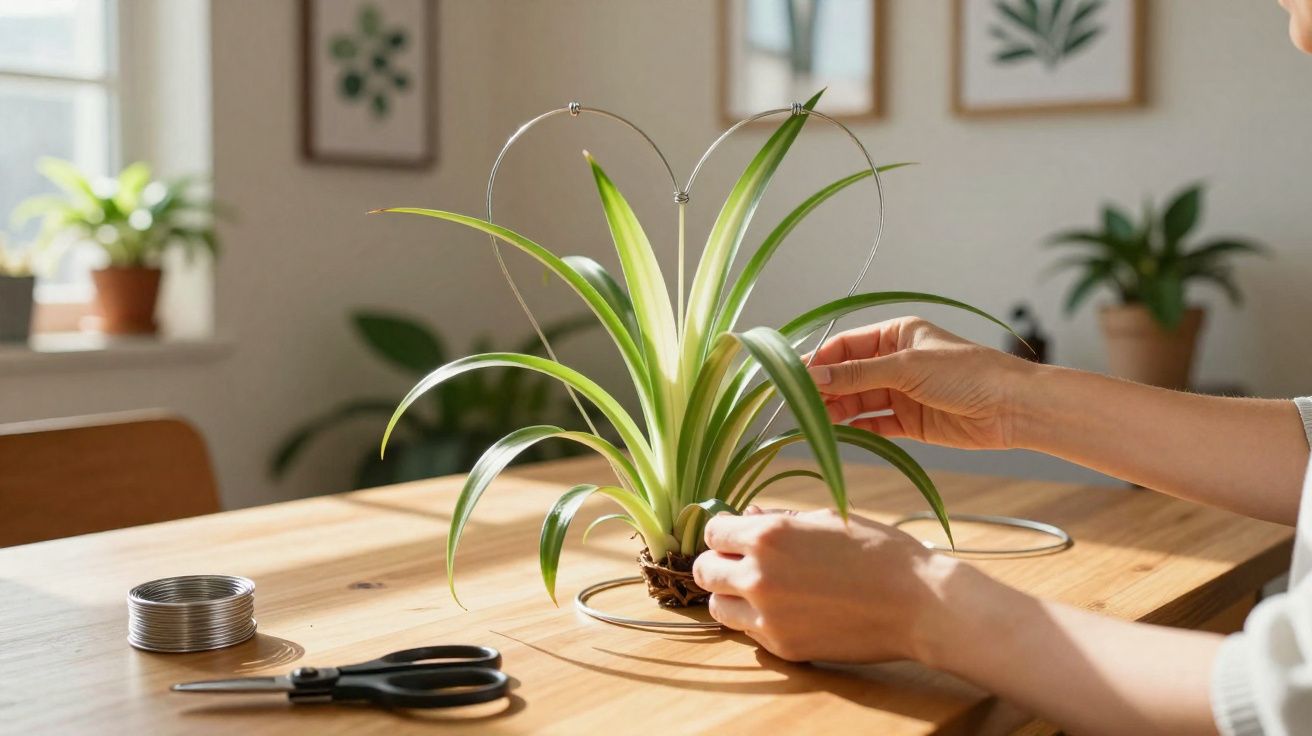 Pessoa a cuidar de planta num vaso com suporte metálico numa mesa de madeira iluminada pela luz natural.
