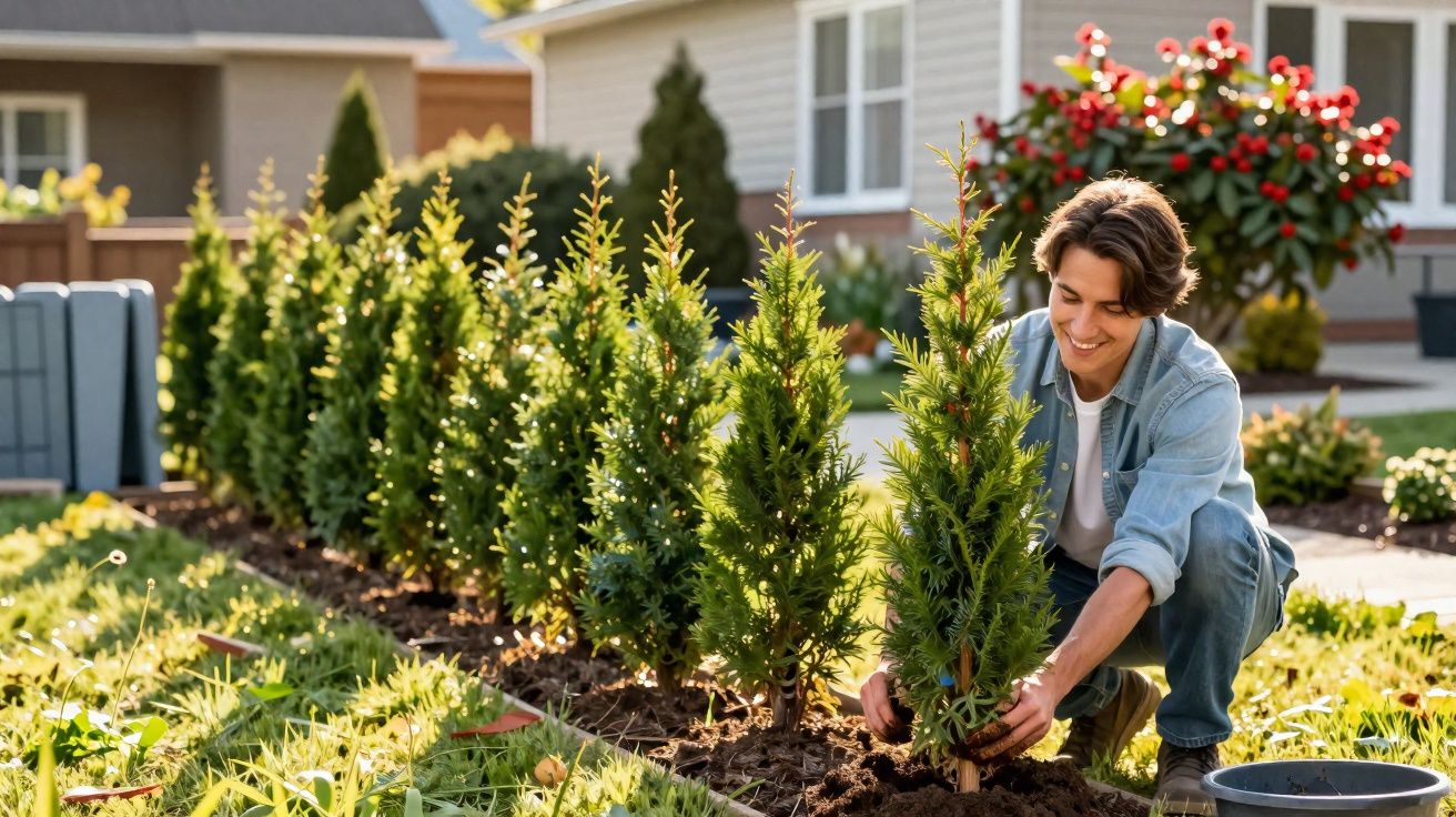 Jovem a plantar árvores pequenas num jardim junto a uma casa sob luz solar suave.