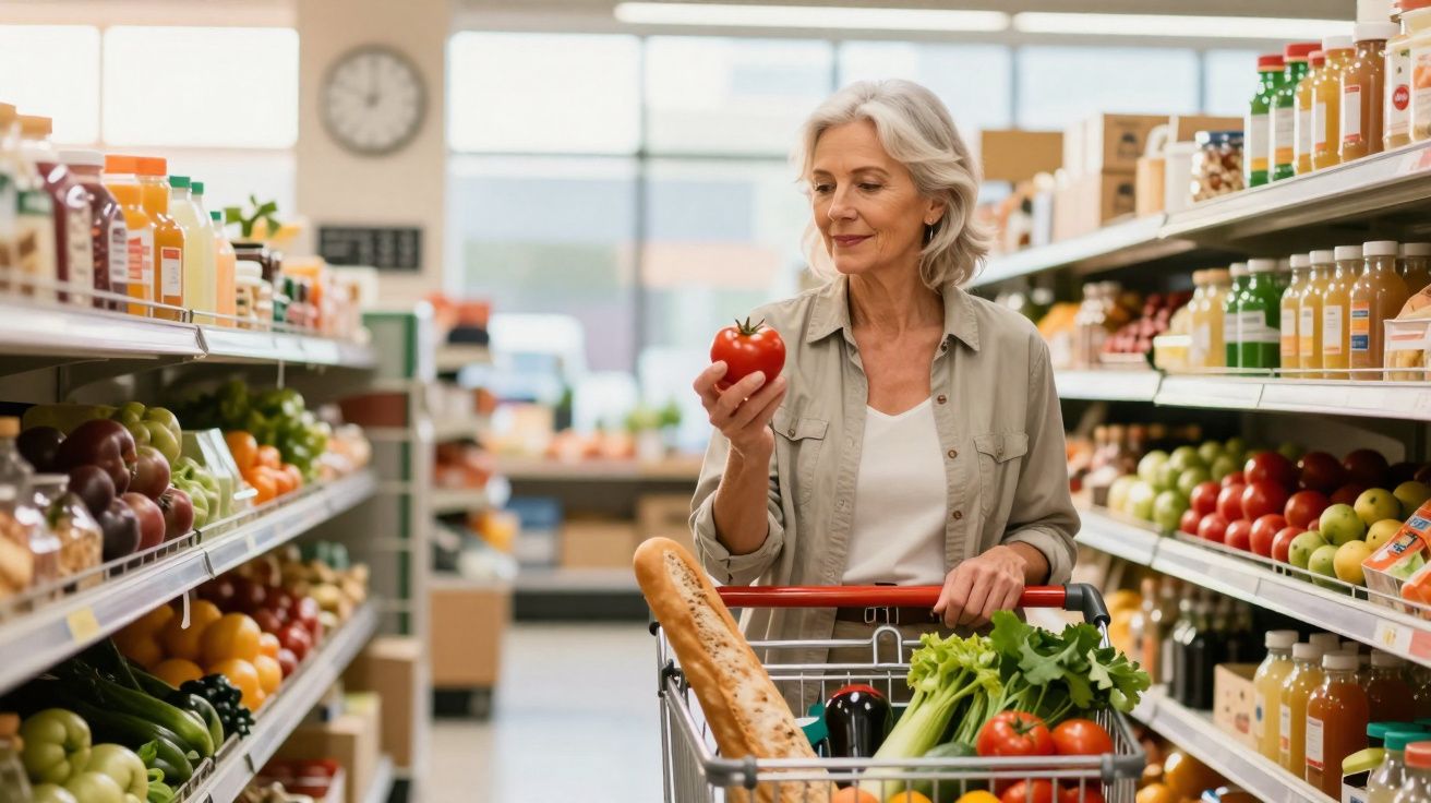 Mulher madura a segurar tomate, com carrinho de compras cheio de legumes, pão e sumos num supermercado.