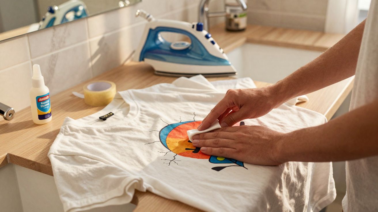 Pessoa a remover mancha de uma t-shirt branca com desenho colorido numa mesa de madeira.
