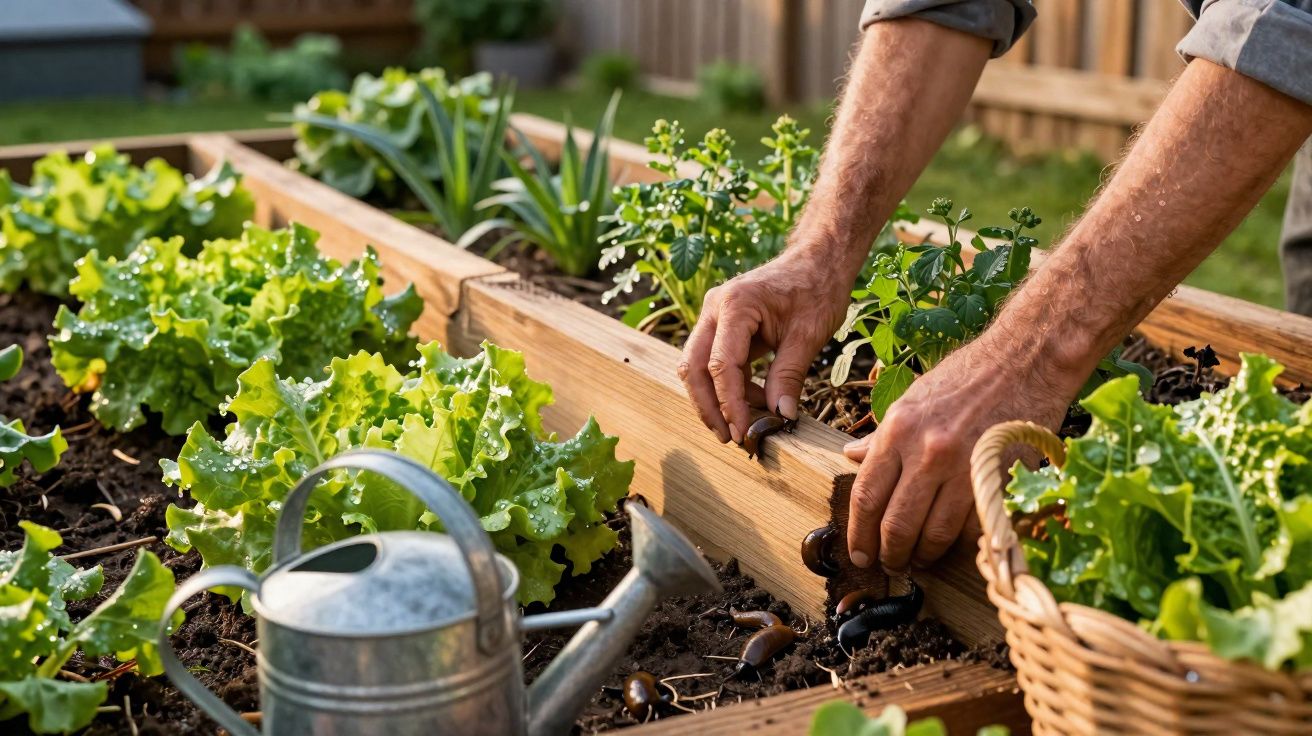 Mãos a retirar caracóis de um canteiro de jardim com alfaces e regador em destaque.