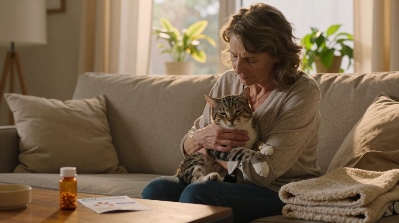 Mulher sentada no sofá a confortar gato com medicamento e folheto na mesa à frente.