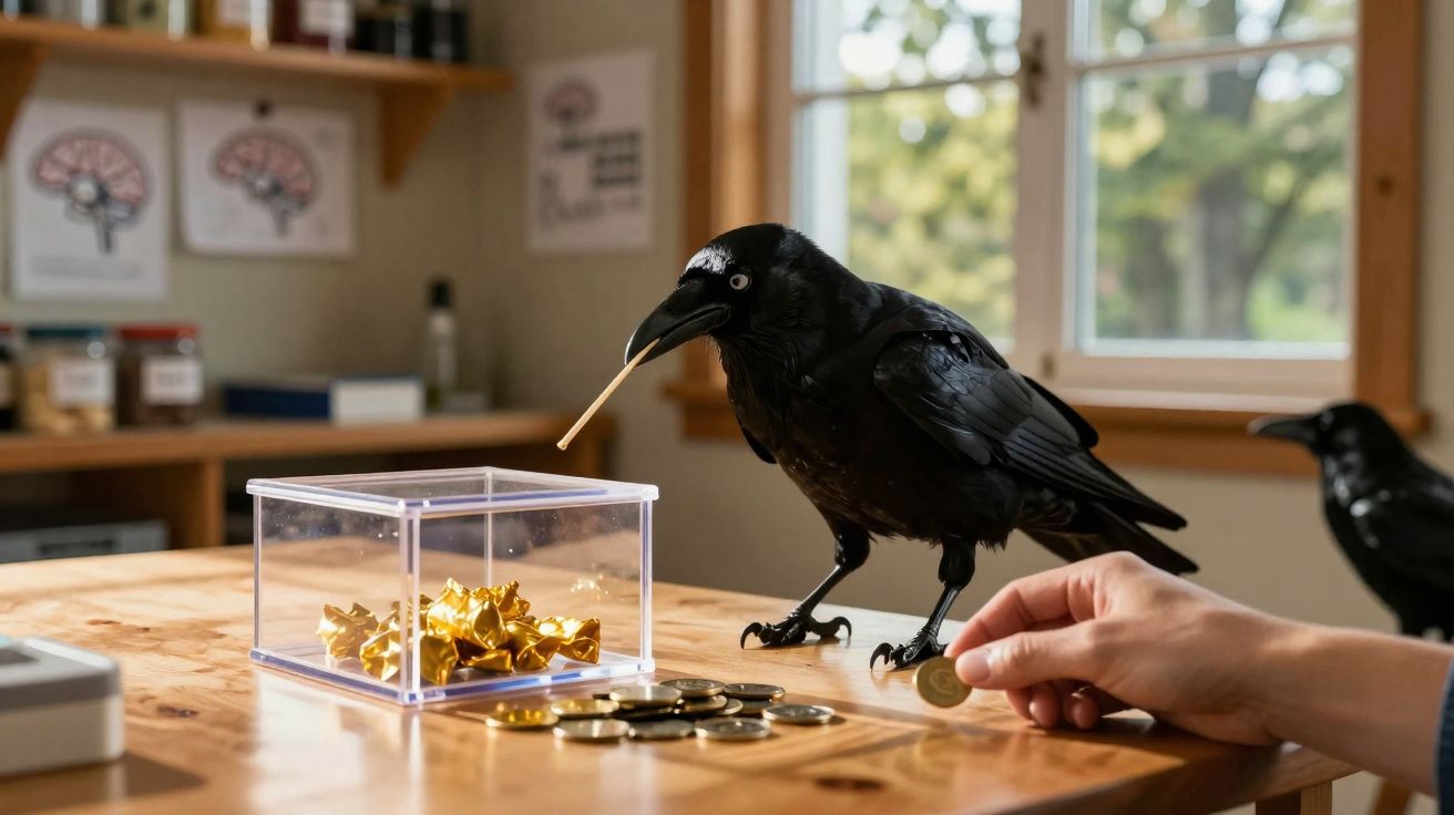 Pássaro preto num interior com moedas e uma mão a colocar uma moeda numa mesa de madeira junto a uma caixa transparente.
