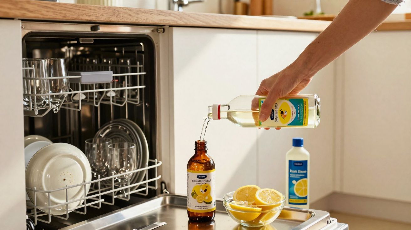 Pessoa a verter líquido de garrafa para frasco junto a máquina de lavar louça aberta e tigela com limões.