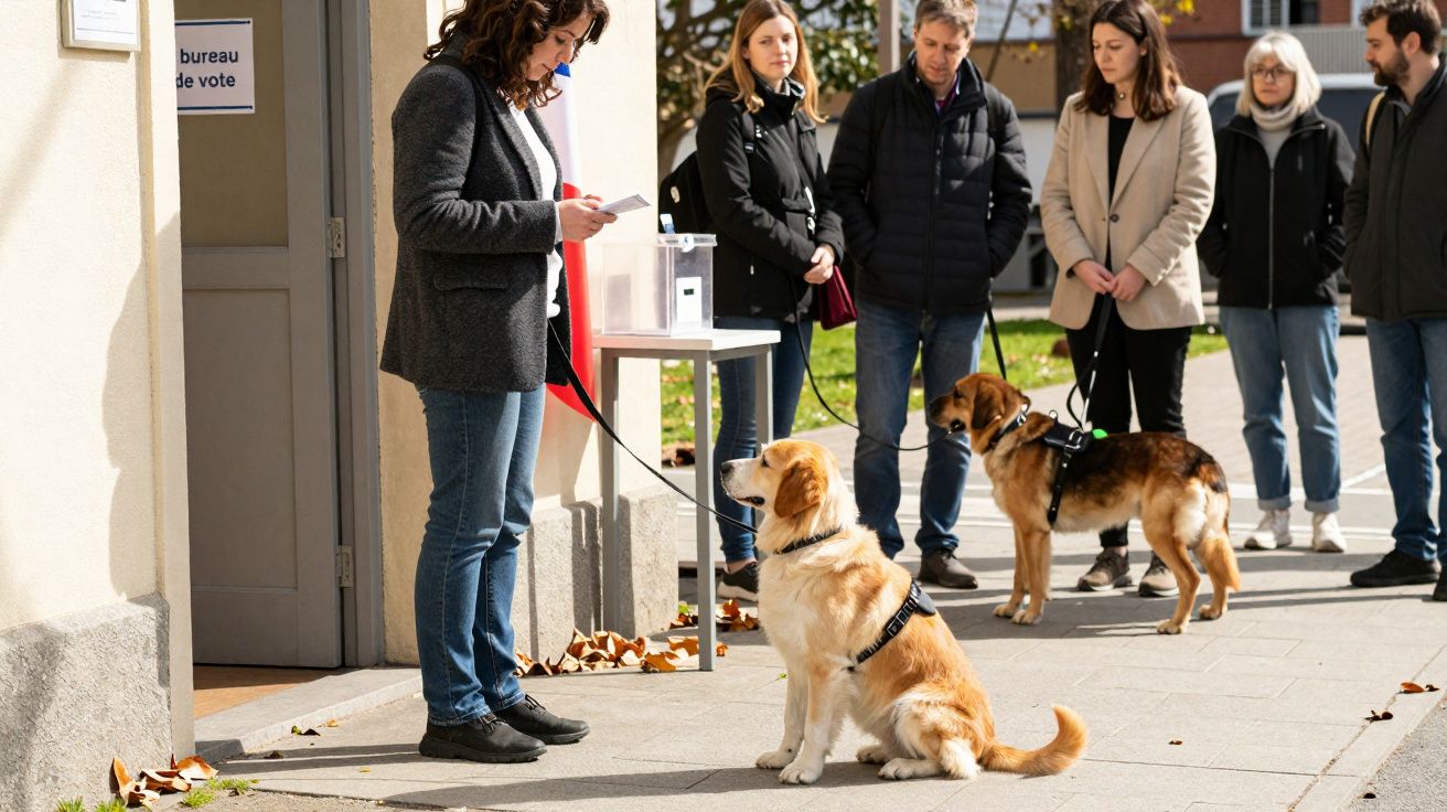 Pessoa com cão guia aguarda para votar enquanto outras pessoas e cães esperam na fila junto a entrada de um edifício.