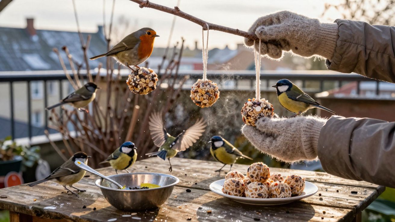 Pássaros alimentando-se de bolas de sementes suspensas, com mãos de luvas cinzentas a segurá-las acima de uma mesa de madeira