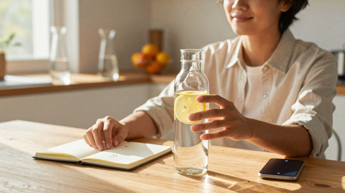 Pessoa sentada a beber água com limão numa jarra, com um caderno aberto e telemóvel numa mesa de madeira.