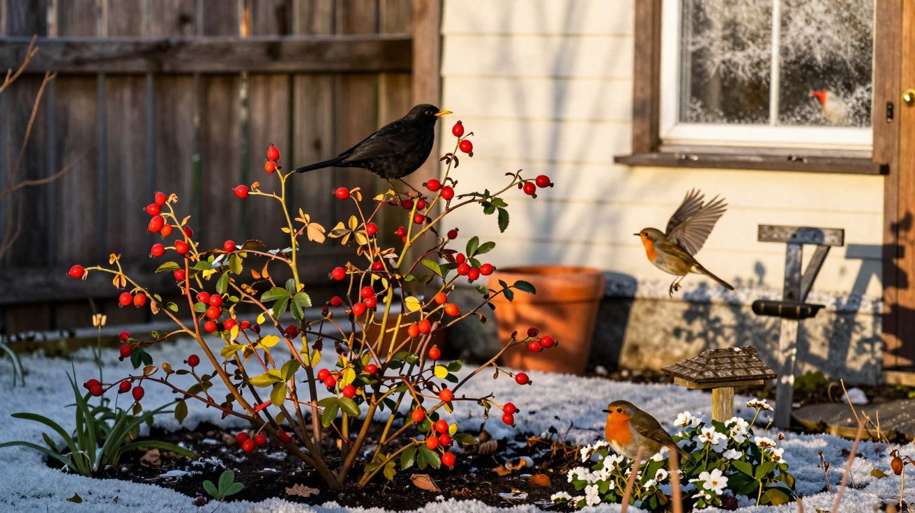 Pássaros pretos e robins em arbusto com bagas vermelhas e flores brancas, neve no chão, junto a casa de madeira.
