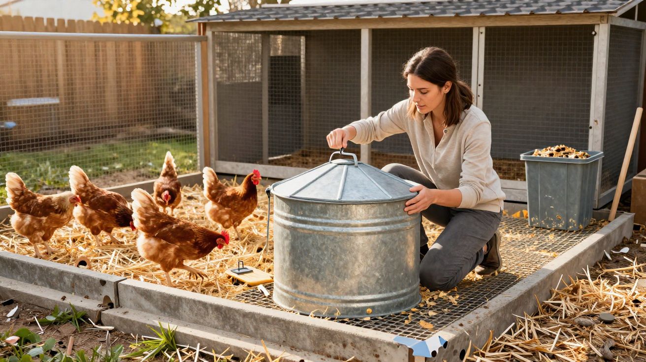 Mulher a alimentar galinhas num galinheiro ao ar livre durante o dia.