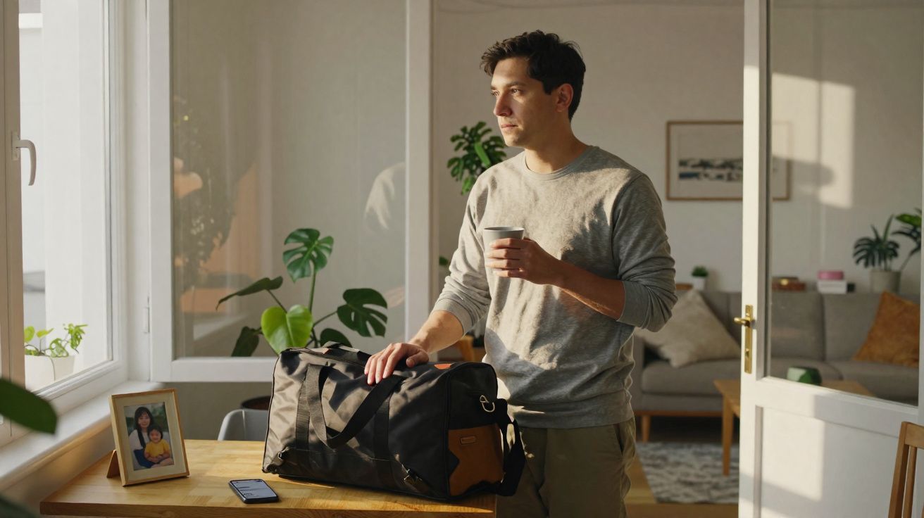 Homem com chá na mão planeia viagem ao lado de mala preta numa sala iluminada por luz natural.