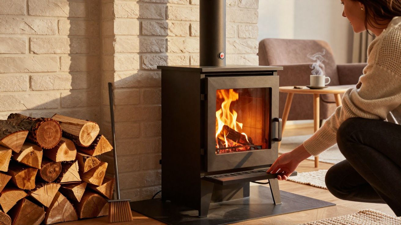 Pessoa a acender lareira a lenha num ambiente acolhedor com madeira empilhada ao lado.