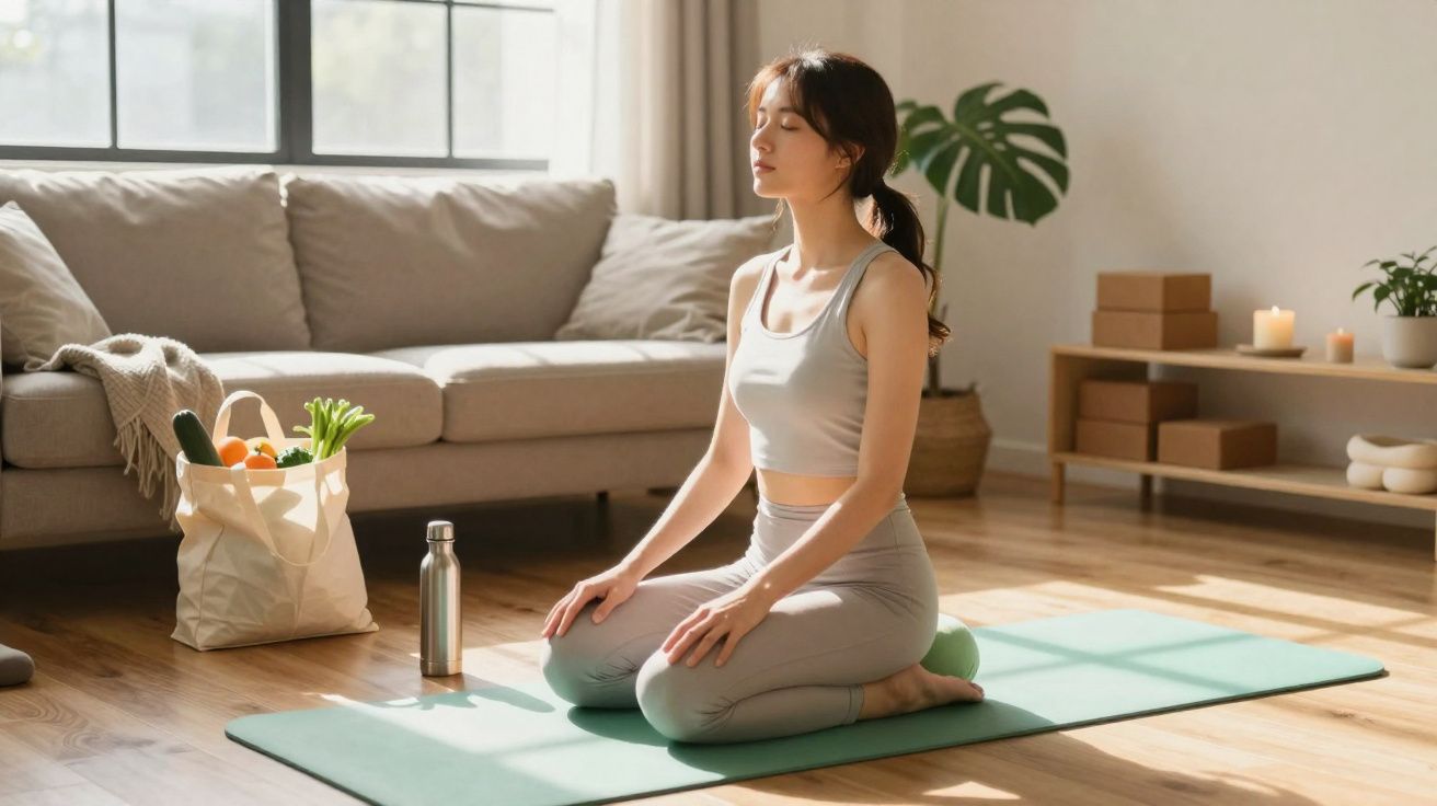 Mulher jovem a meditar sentada de joelhos num tapete de yoga numa sala iluminada e aconchegante.