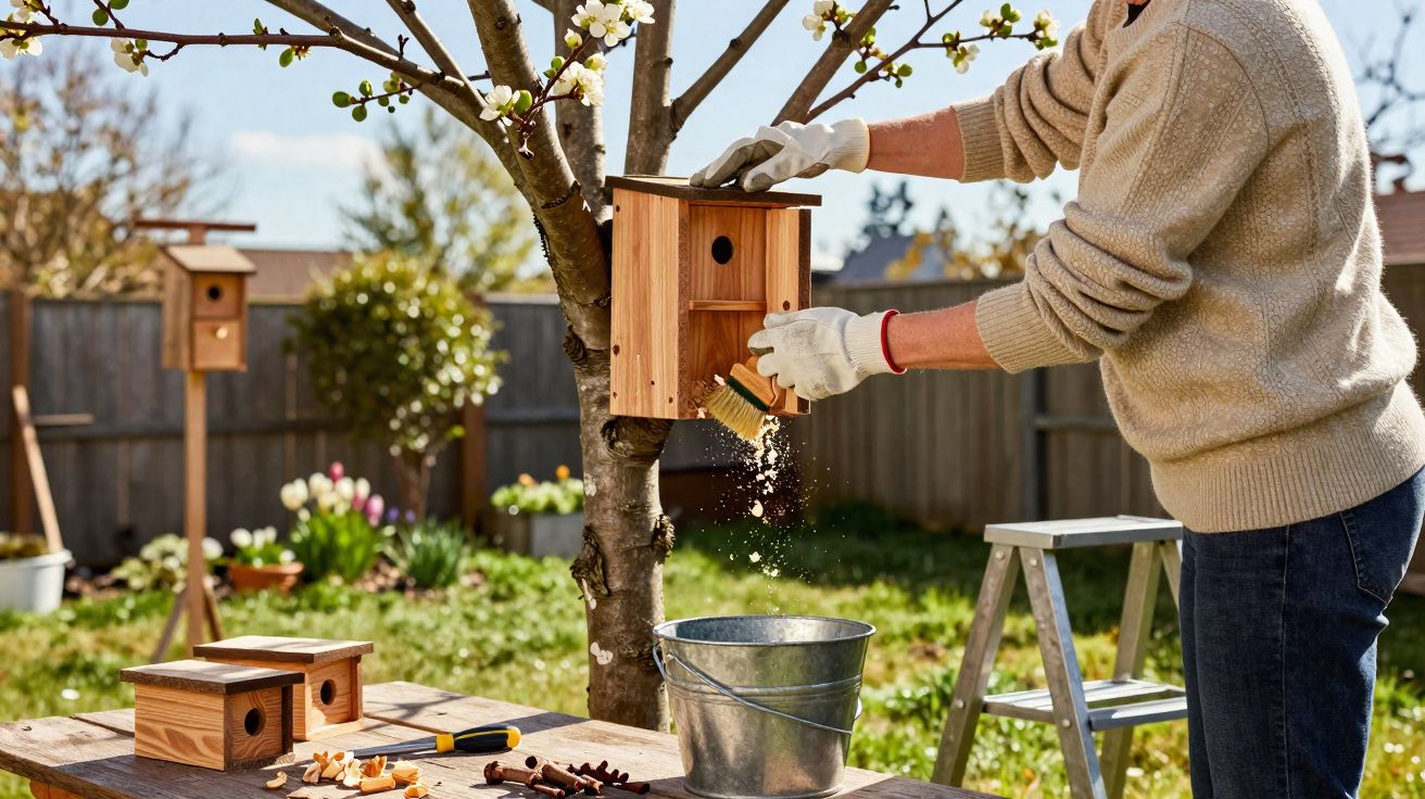 Pessoa a limpar uma casota de pássaros pendurada numa árvore num jardim com luvas de proteção.