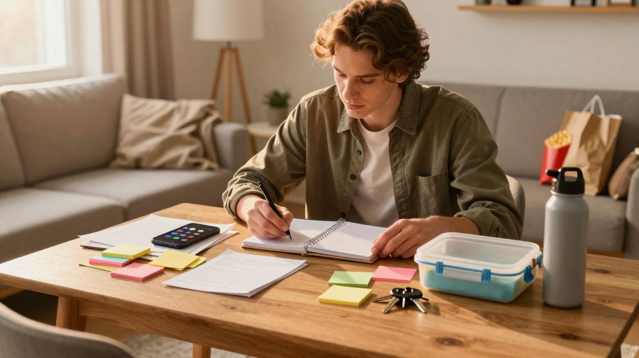 Jovem a estudar e escrever num caderno numa mesa com blocos de notas, telemóvel e garrafa de água.