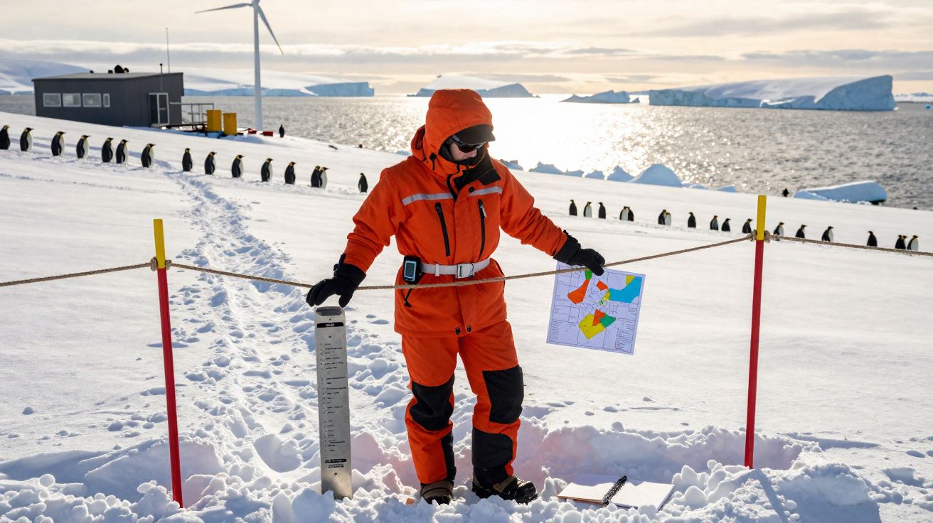 Pessoa equipada com roupa laranja a analisar medição na neve, pinguins alinhados e icebergues ao fundo.