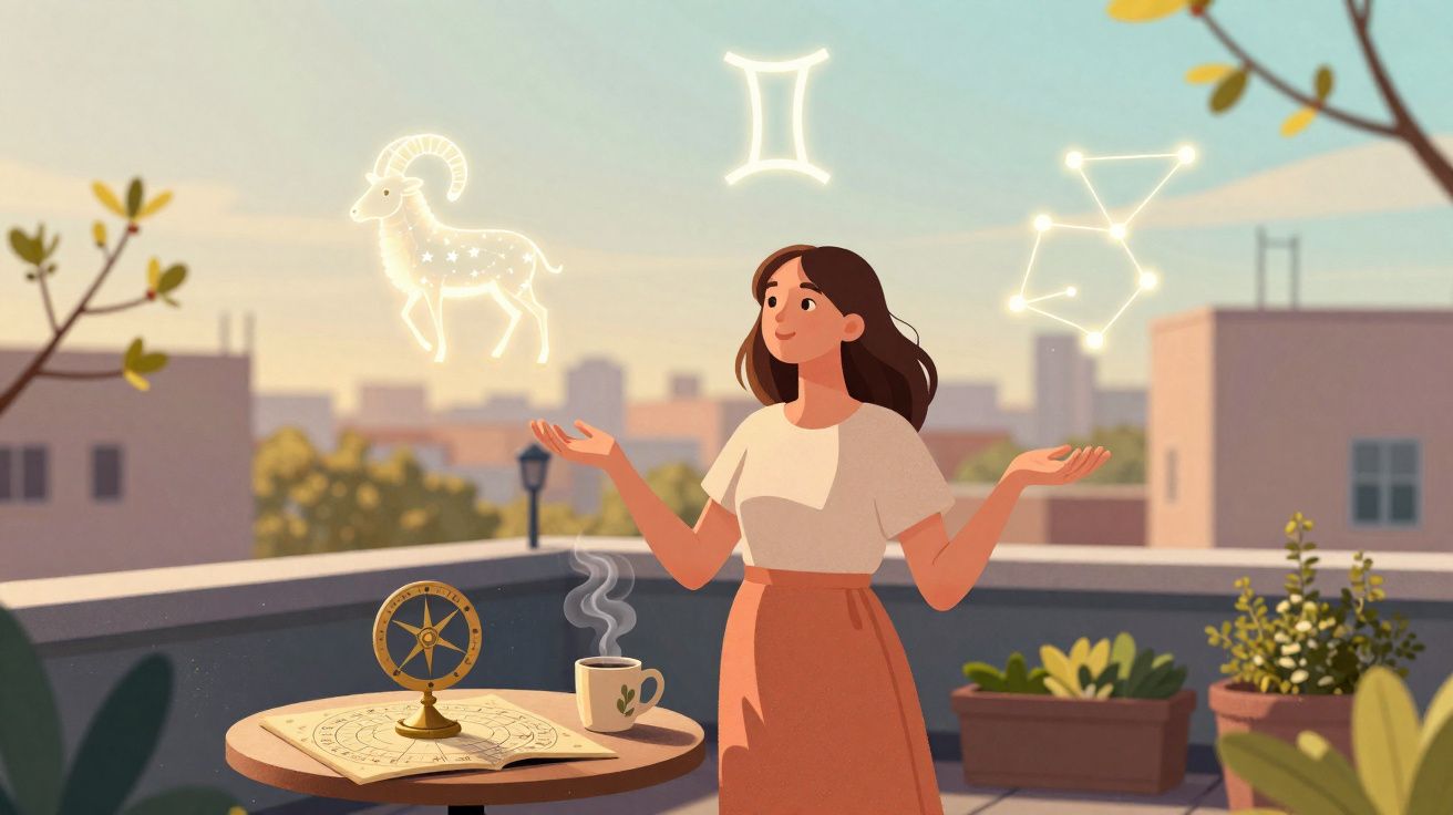 Mulher num terraço com símbolos de signos e constelações de astrologia ao seu redor.