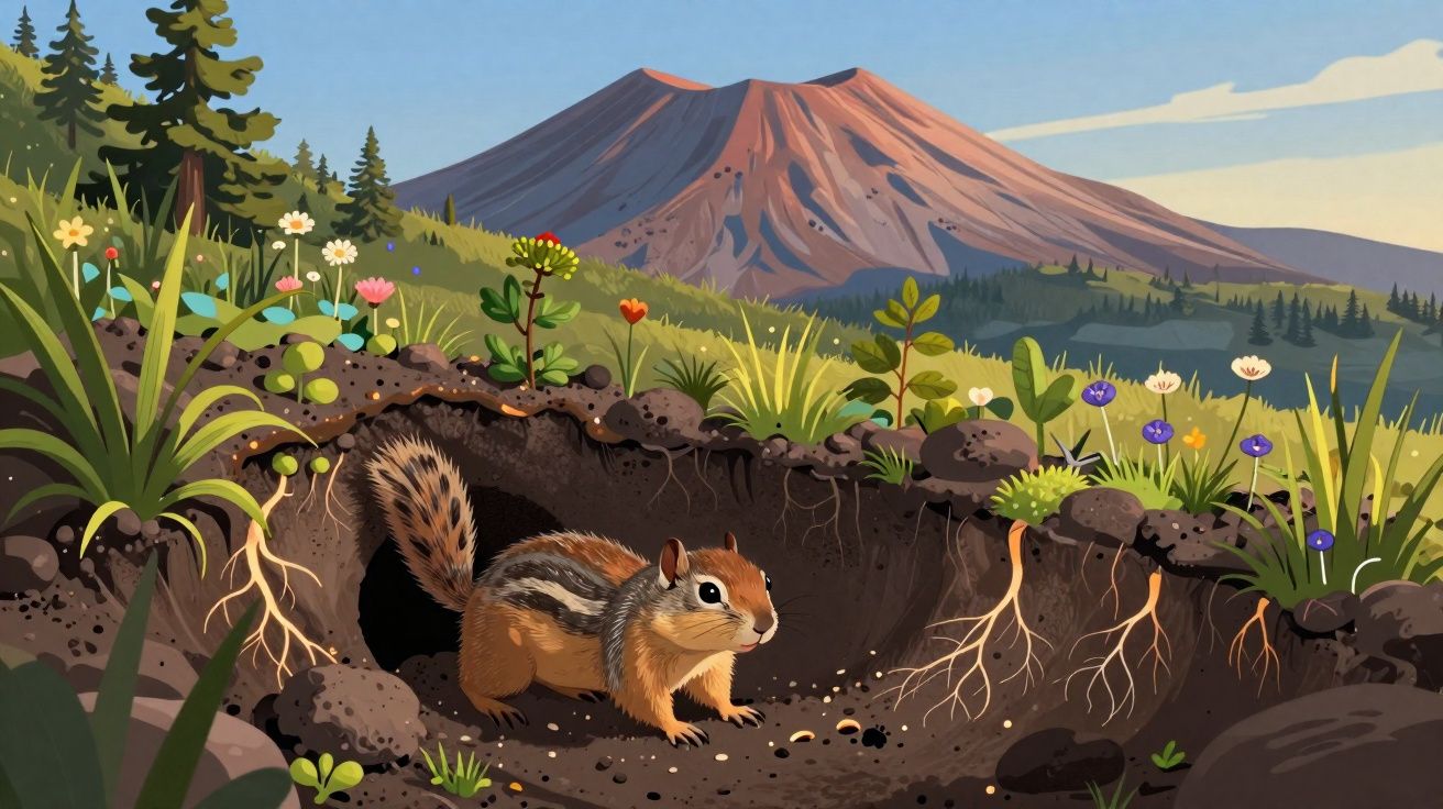 Ilustração de esquilo junto a toca no solo, com flores, vegetação e montanha ao fundo em dia claro.