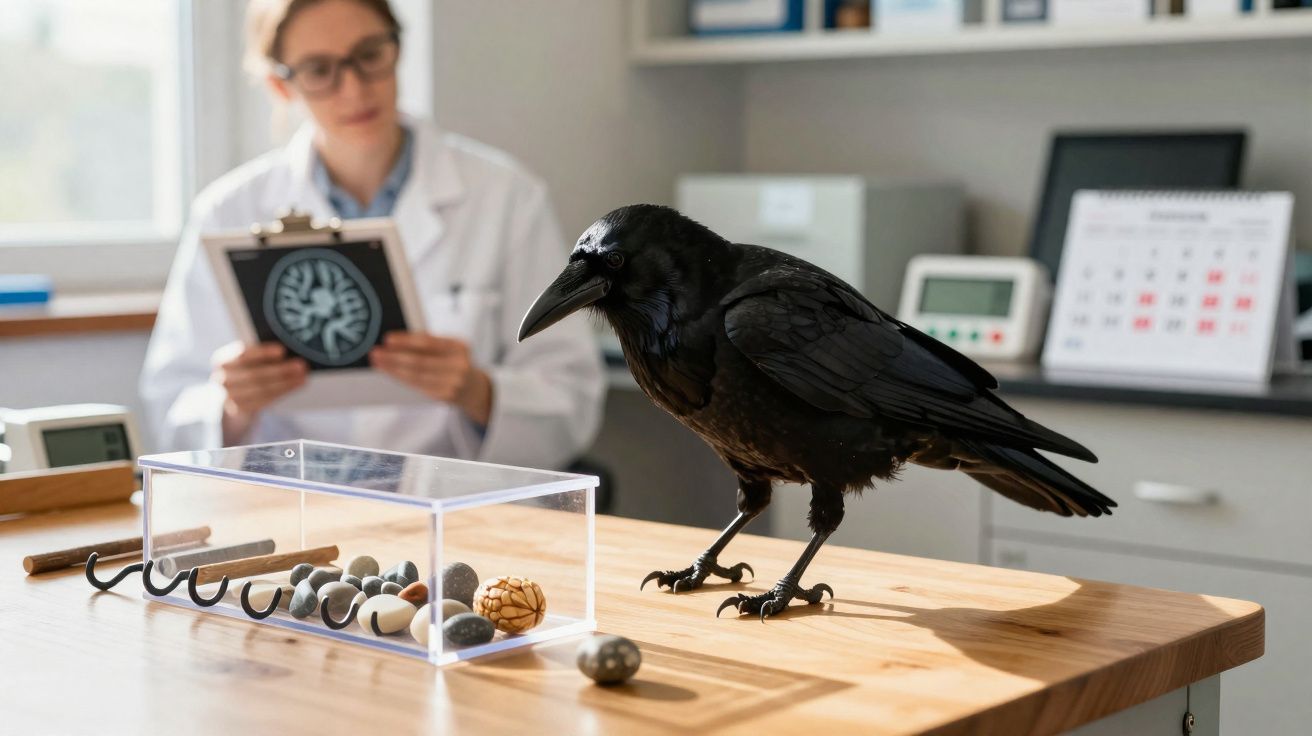 Corvo preto numa mesa de laboratório observando pedras, com cientista ao fundo segurando imagem cerebral.
