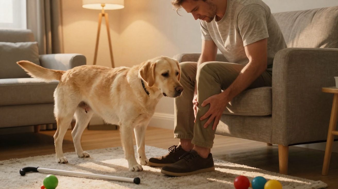 Homem sentado no sofá com dor na perna, cachorro amarelo ao lado num ambiente doméstico.