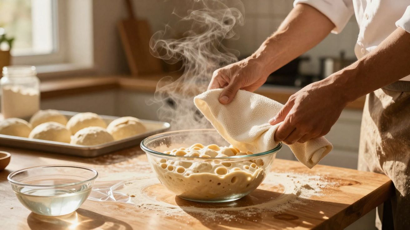 Pessoa retirando pano de prato de tigela com massa fermentada a levedar numa cozinha iluminada.