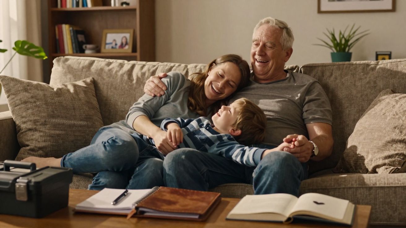 Avô, mãe e filho sentados no sofá a sorrir e a abraçar-se numa sala acolhedora.