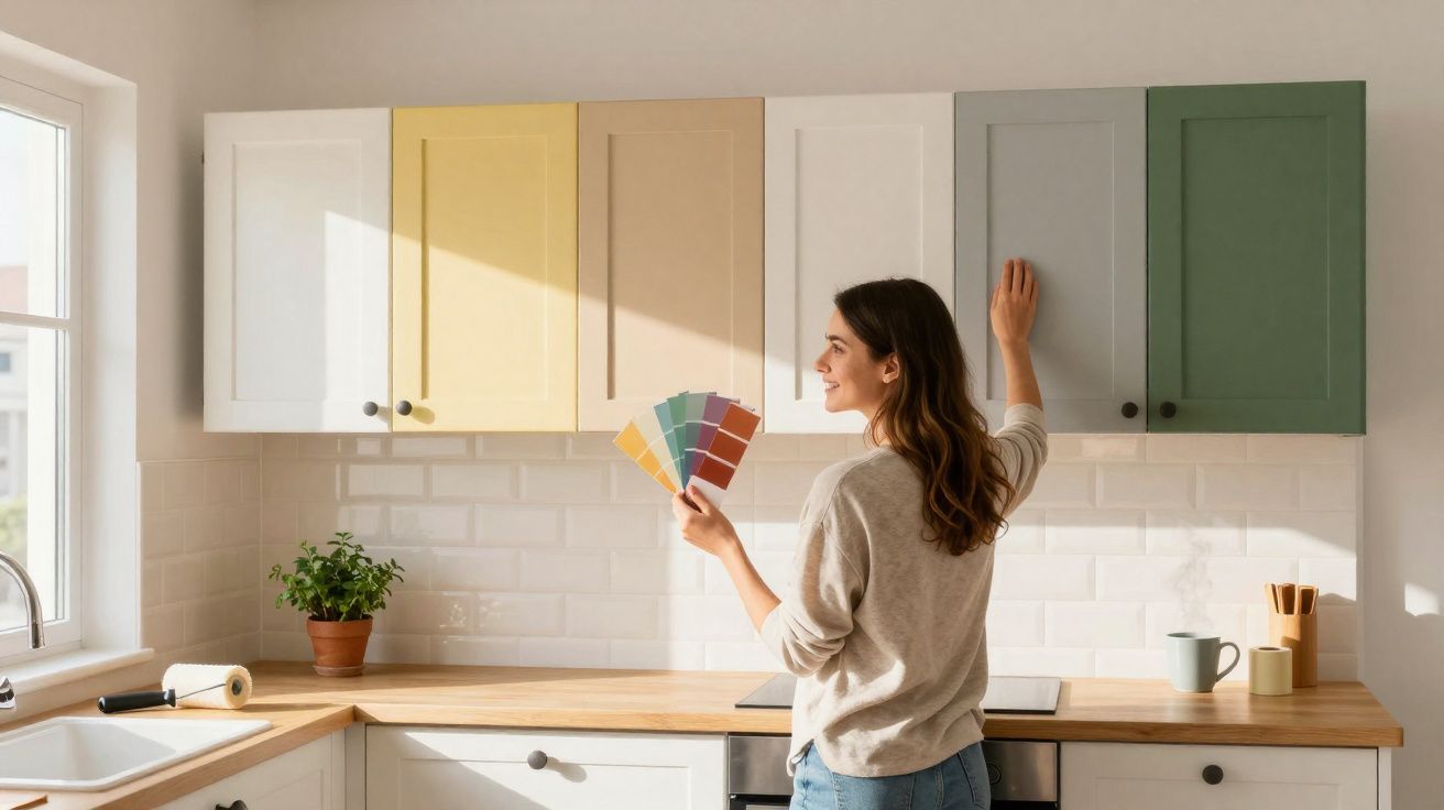 Mulher a escolher cores para pintar portas de armários numa cozinha luminosa e moderna.