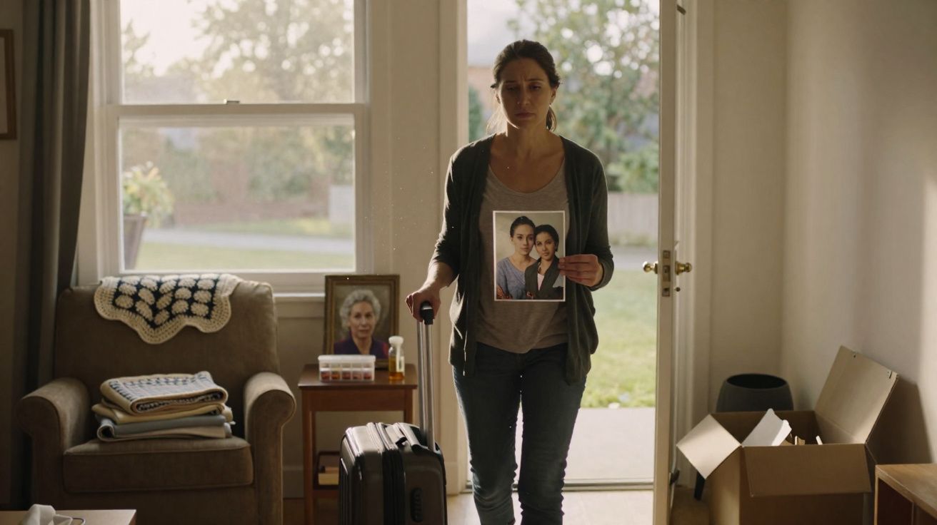Mulher triste com mala, segurando foto de duas mulheres, numa sala com chão de madeira e caixa de papelão.