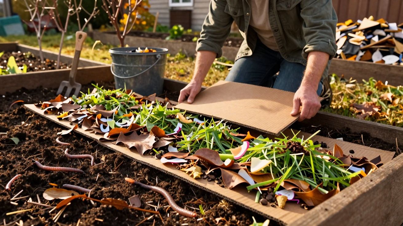 Pessoa a cobrir uma cama de jardinagem com cartão reciclado, folhas e matéria orgânica.