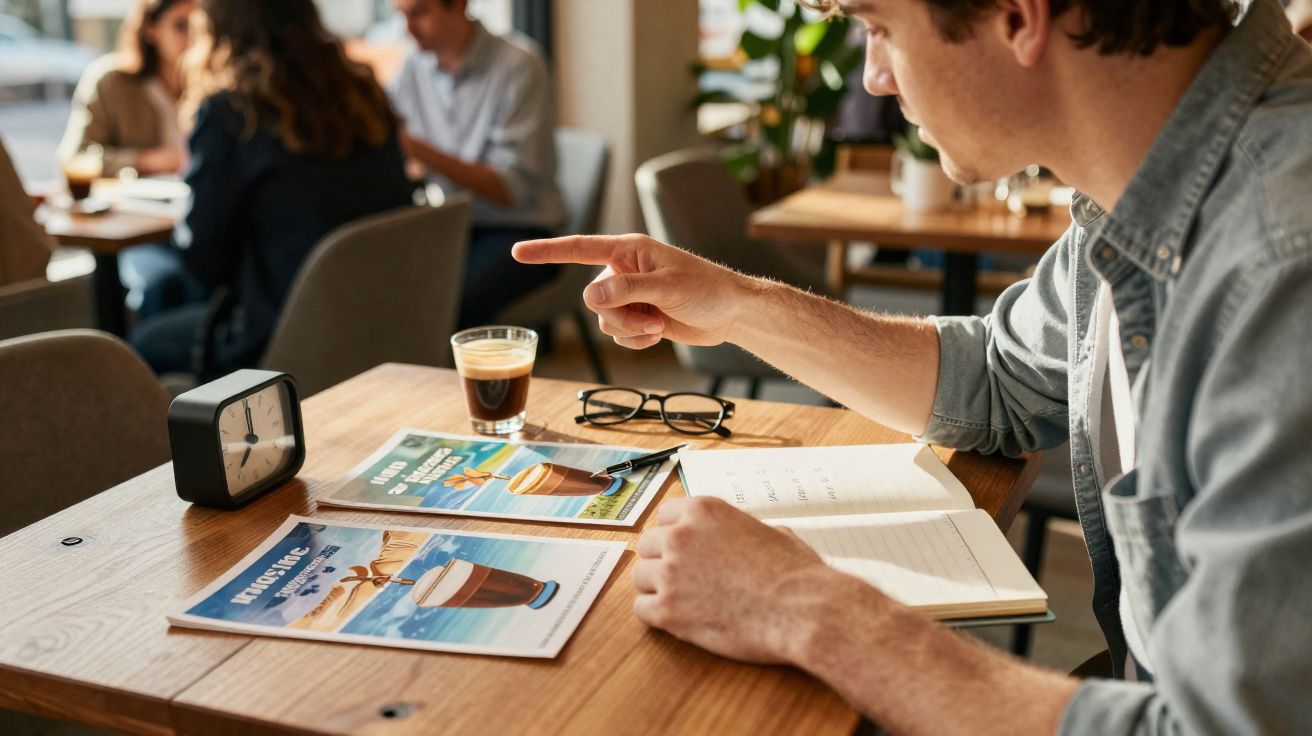 Homem sentado numa mesa com revistas, relógio, óculos, café e caderno, apontando para o relógio.