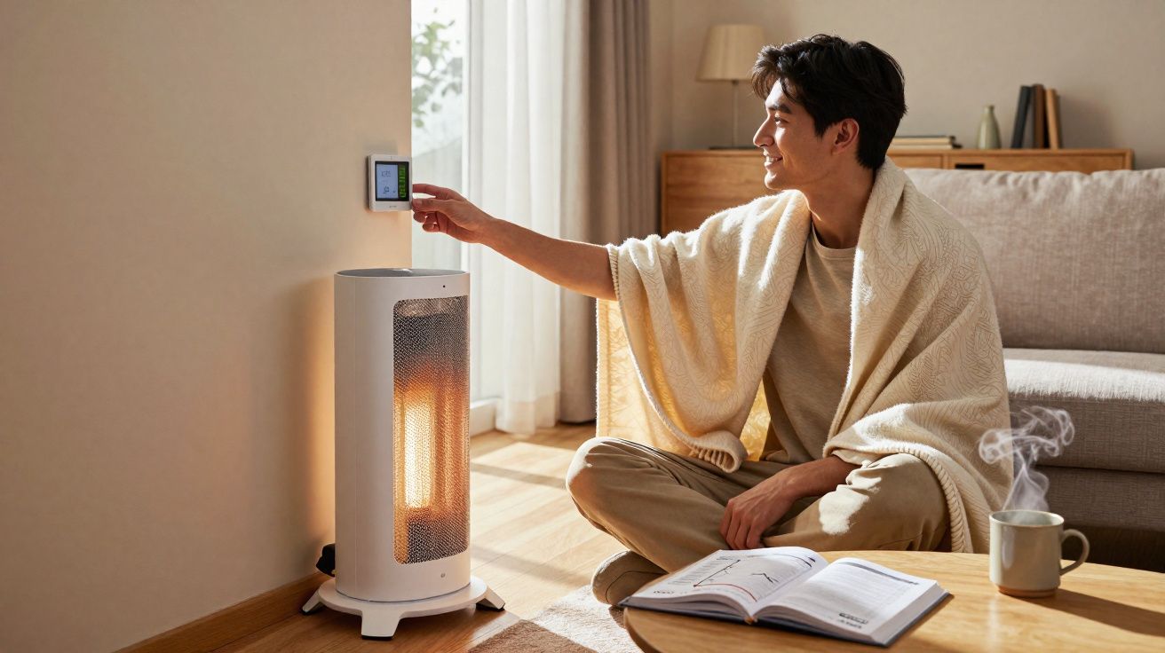 Homem sentado no chão a ajustar termóstato de aquecedor eléctrico numa sala acolhedora.