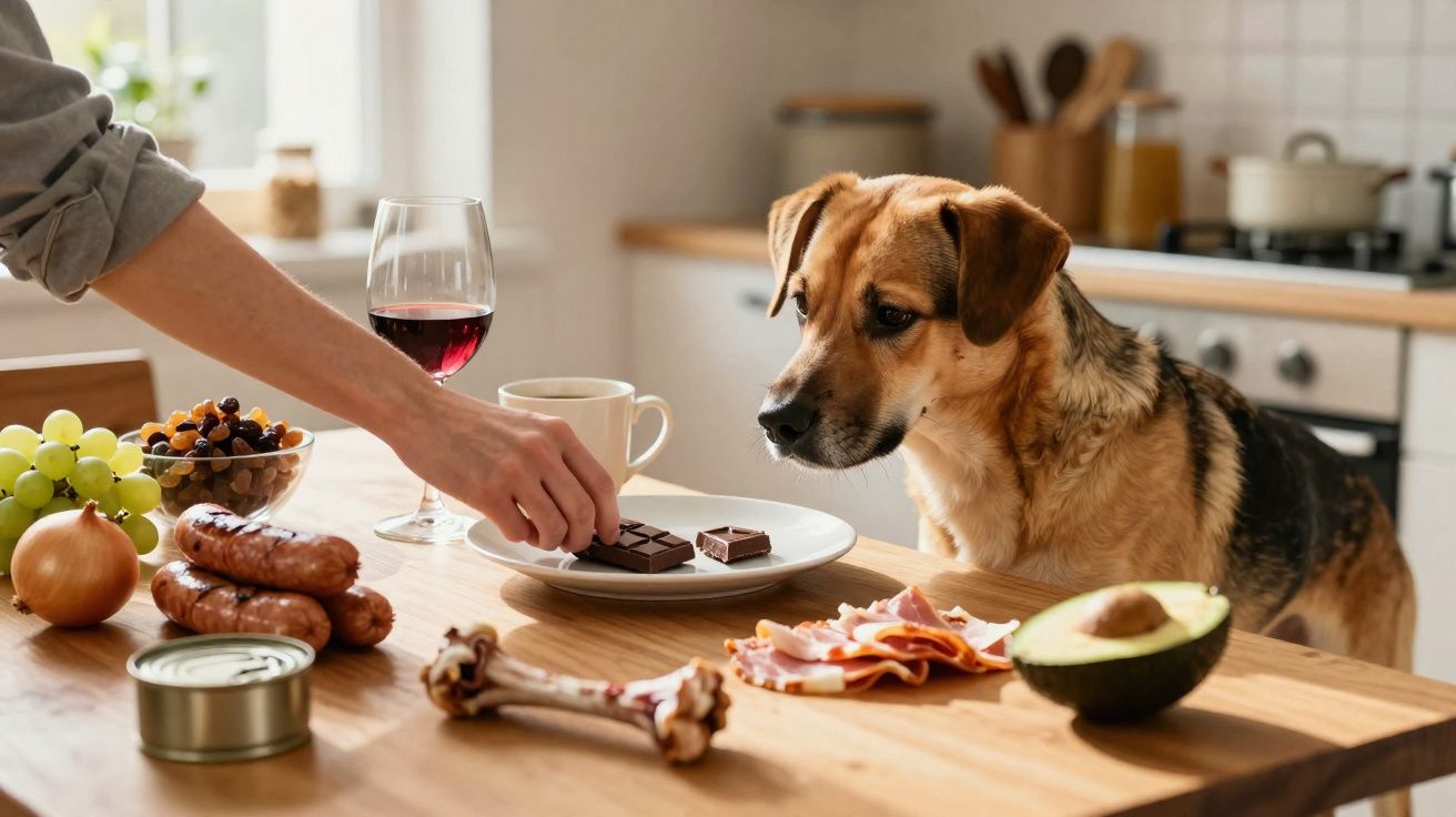 Cão na cozinha observa mão a pegar chocolate de prato, com comida variada e bebida numa mesa de madeira.