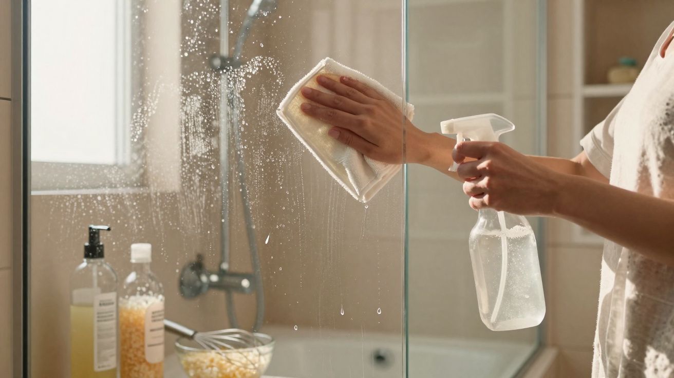Pessoa a limpar uma divisória de vidro de chuveiro com spray e pano numa casa de banho iluminada.