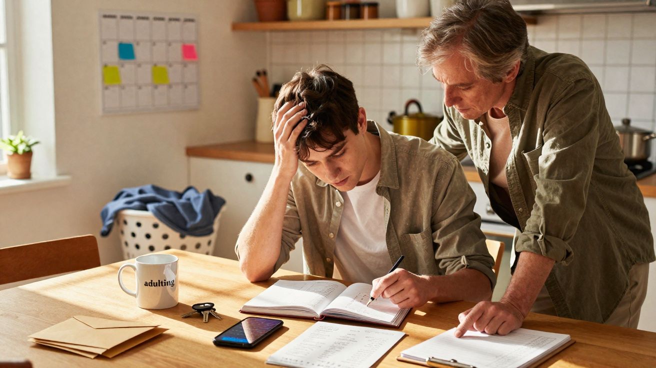 Homem jovem sentado a estudar preocupado, com homem mais velho a apontar para documento na mesa de cozinha.