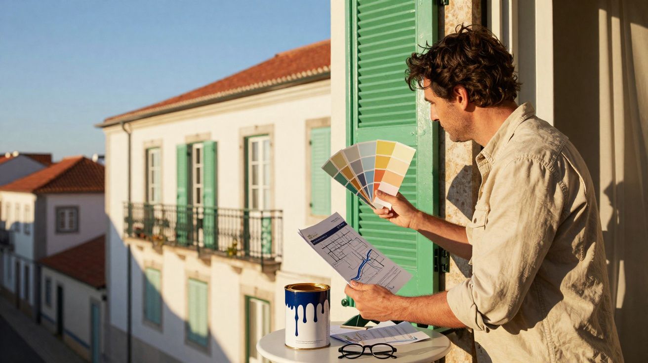 Homem escolhe cor para pintar janela verde num edifício antigo durante o dia.